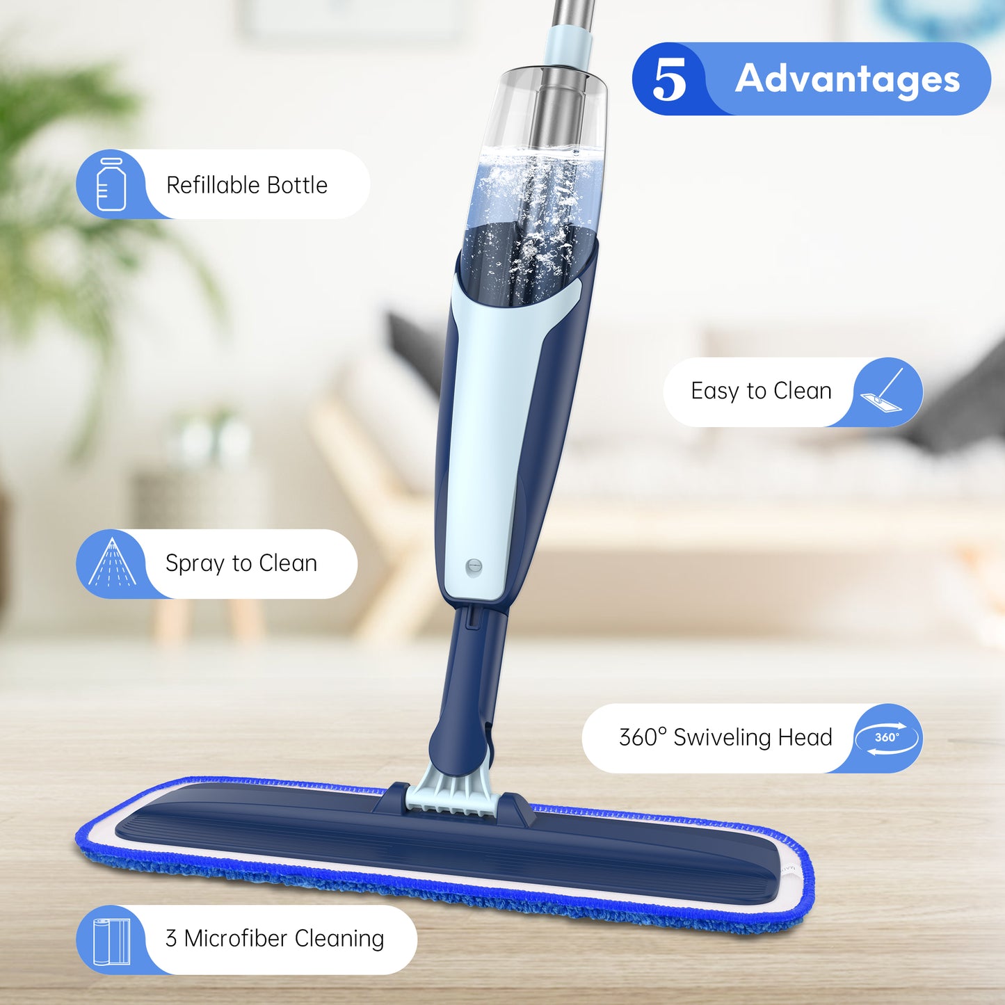 BIMZUC Spray Mop for Floor Cleaning Wet, with 14 oz Refillable Bottle and 3 Washable Microfiber Pads Home or Commercial Use, Blue