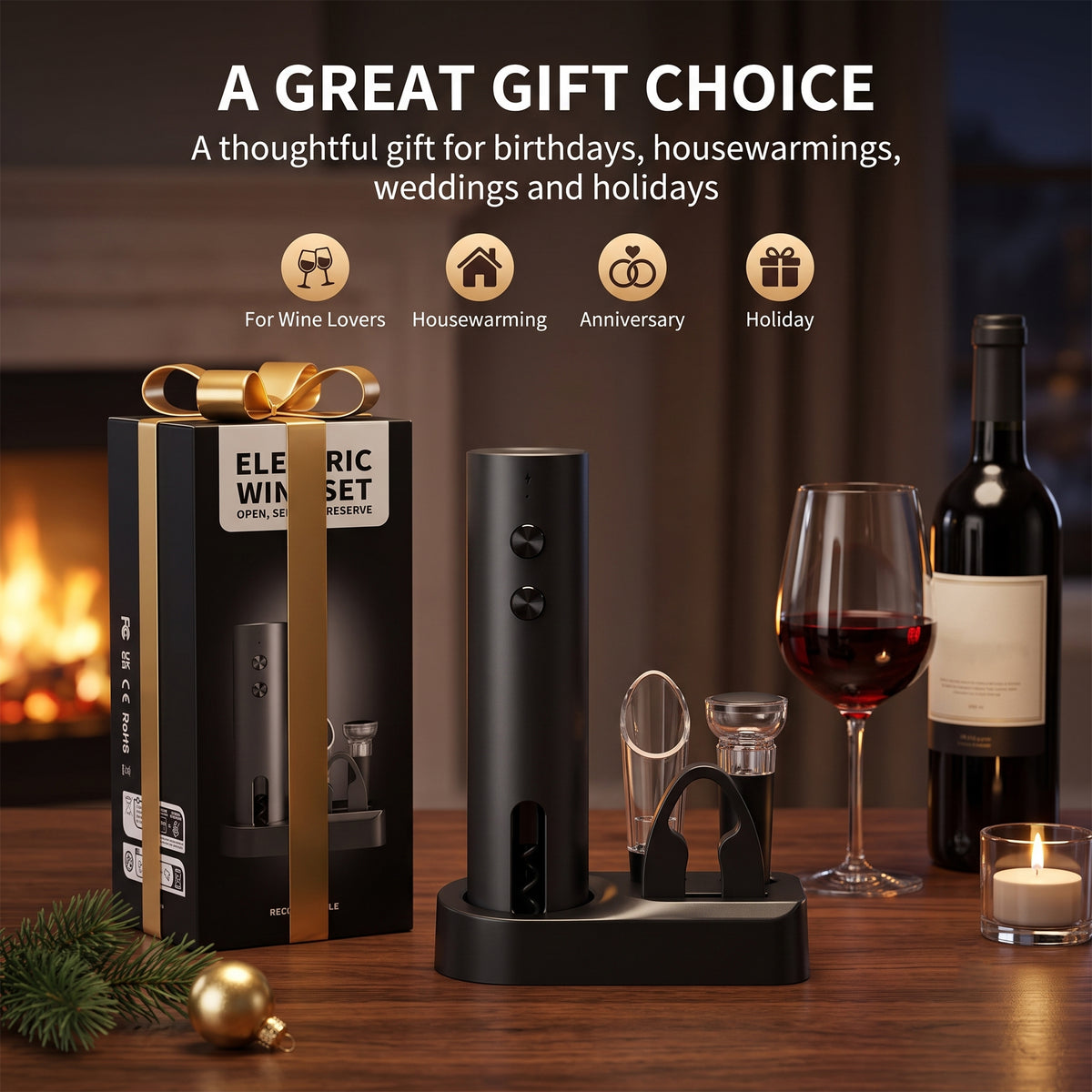 M Buder Electric Wine Opener, Automatic Wine Bottle Opener Set with Foil Cutter Vacuum Stopper and Storage Base, Cordless Automatic Corkscrew for Kitchen and Parties