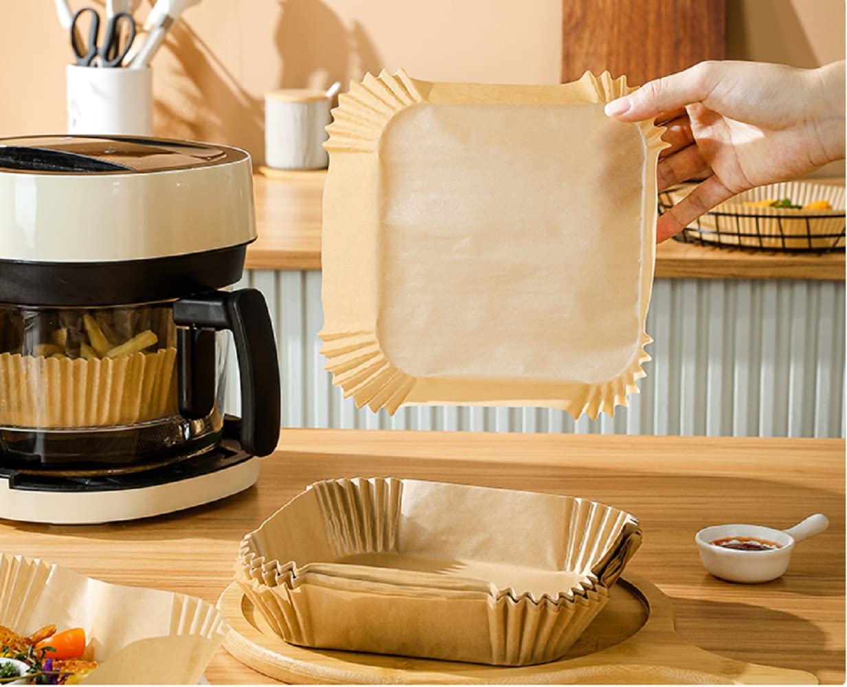 M Buder 125 Pcs Non-Stick and Waterproof Parchment Paper, 6.3-inch Air Fryer Disposable Square Liner, Oil-Proof