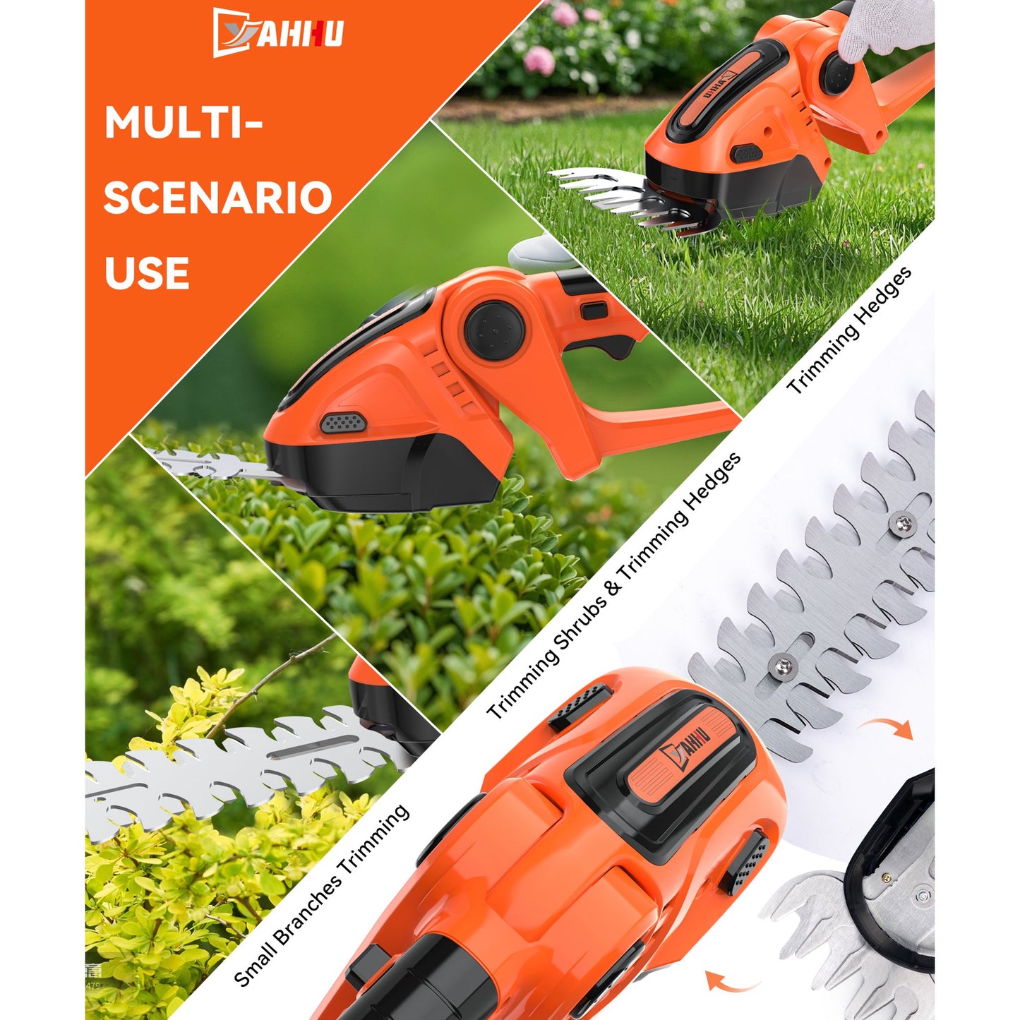 YAHHU Cordless Hedge Trimmer, 2 in 1 Handheld Electric Grass Trimmer , Trimmer for Bush,Tree, Garden, Patio and Lawn