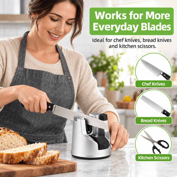 GigBu 3-in-1 Kitchen Knife Sharpener with Suction Cup Base, Manual Sharpening Tool for Straight & Serrated Knives and Scissors, Silver/Black