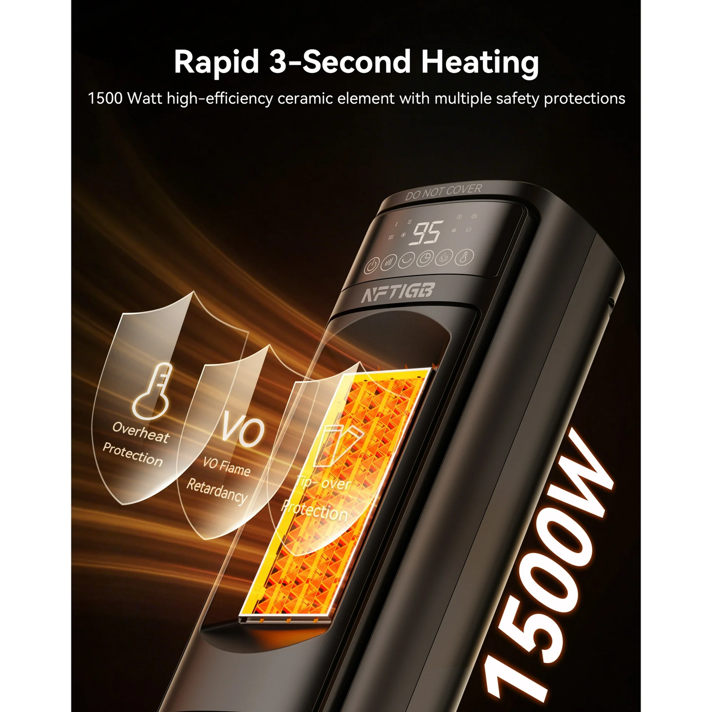 NFTIGB 24 inch Space Heater with Flame Effect, 1500W Ceramic Heater with Thermostat, PTC Heater for Indoor, 12H Timer & Remote, for Office, Bedroom, Living Room, New