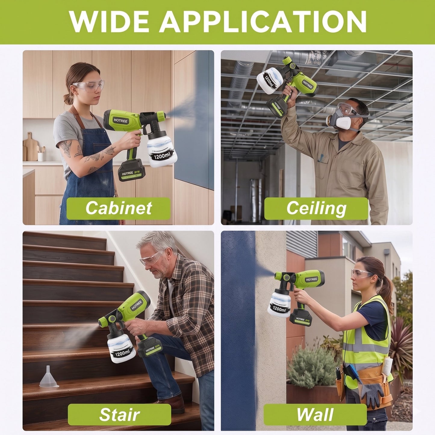 HOTREE 21V Cordless HVLP Paint Sprayer with 2 Batteries, 1000ml, 6 Nozzles for Furniture & Fences