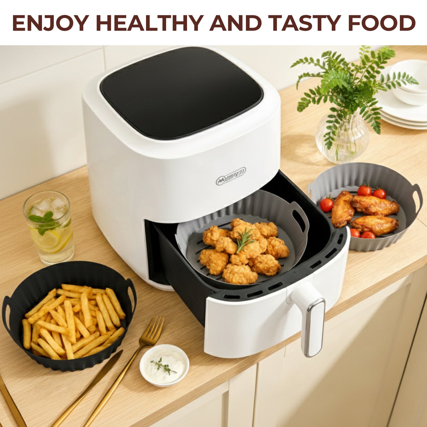 M Buder 2 Pack Silicone Air Fryer Liners, 4-7 QT Air Fryers, Reusable Food Grade Basket Bowl, Replacement for Parchment Paper, Baking Tray Oven Accessories, Round Gray&Black (Top 7.9in, Bottom 6.7in)