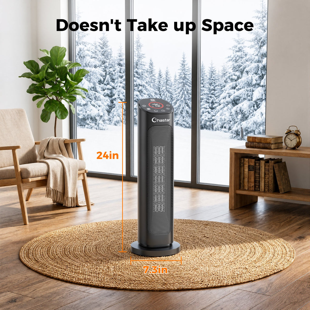 Chastar Black 1500W Electric Oscillating Ceramic Space Heater, 24 inch, with Remote, New