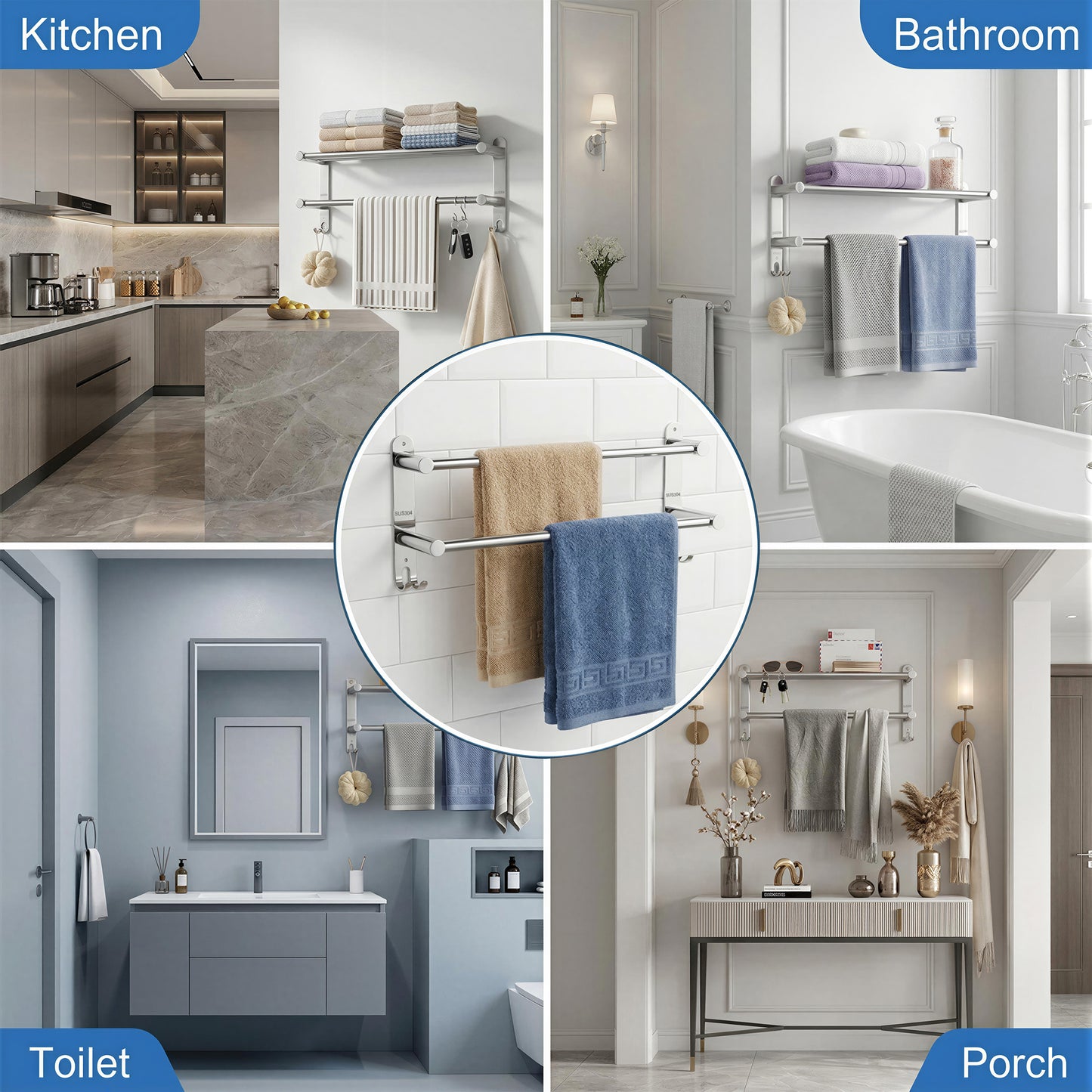 LZSDS Towel Racks for Bathroom Wall Mounted, 304 Stainless Steel Retractable Double Towel Bar 16-29 in with Hooks