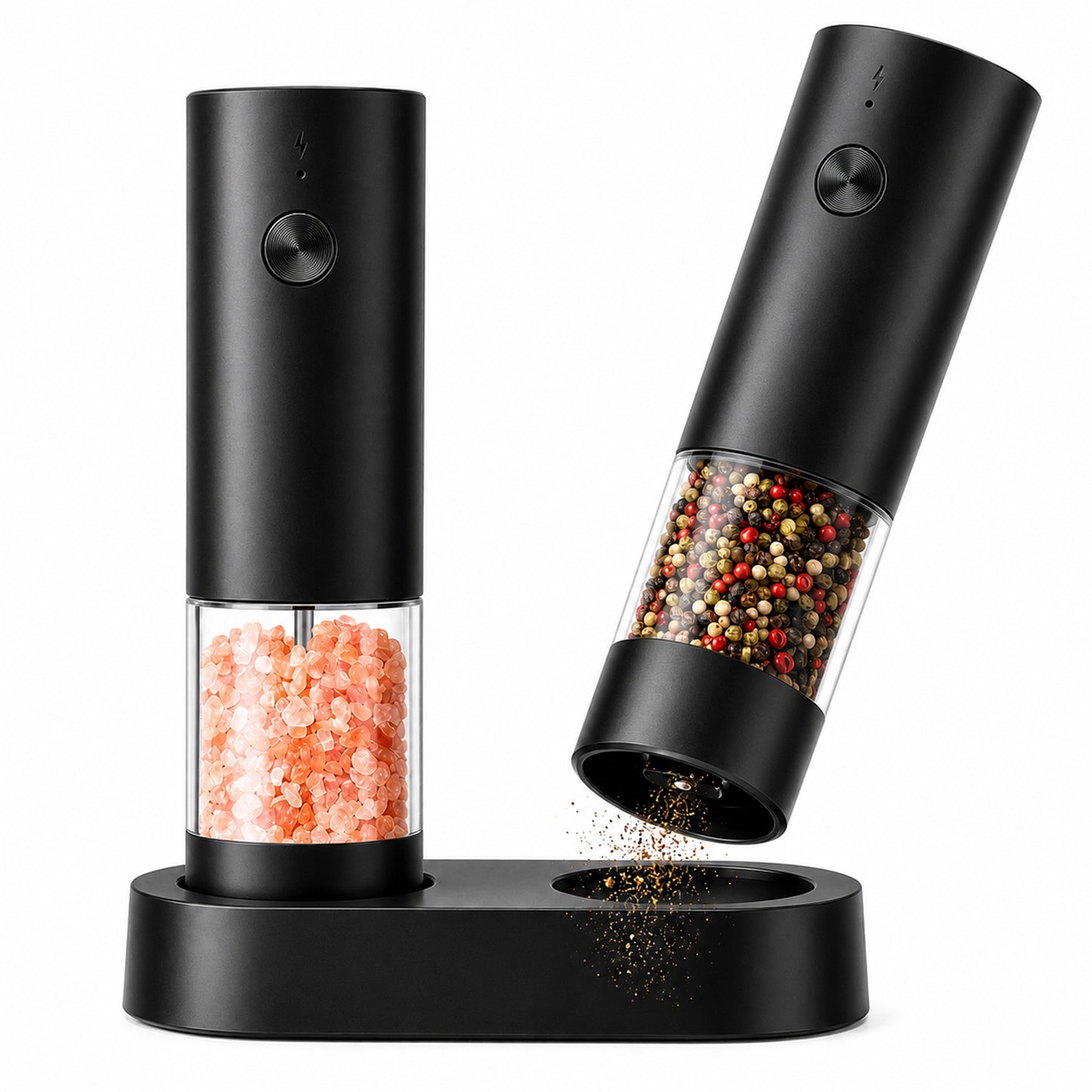 M Buder Electric Salt and Pepper Grinder Set, Automatic USB Rechargeable Pepper Mill Shakers Adjustable Coarseness Easy Filling, 2 Pack, Black