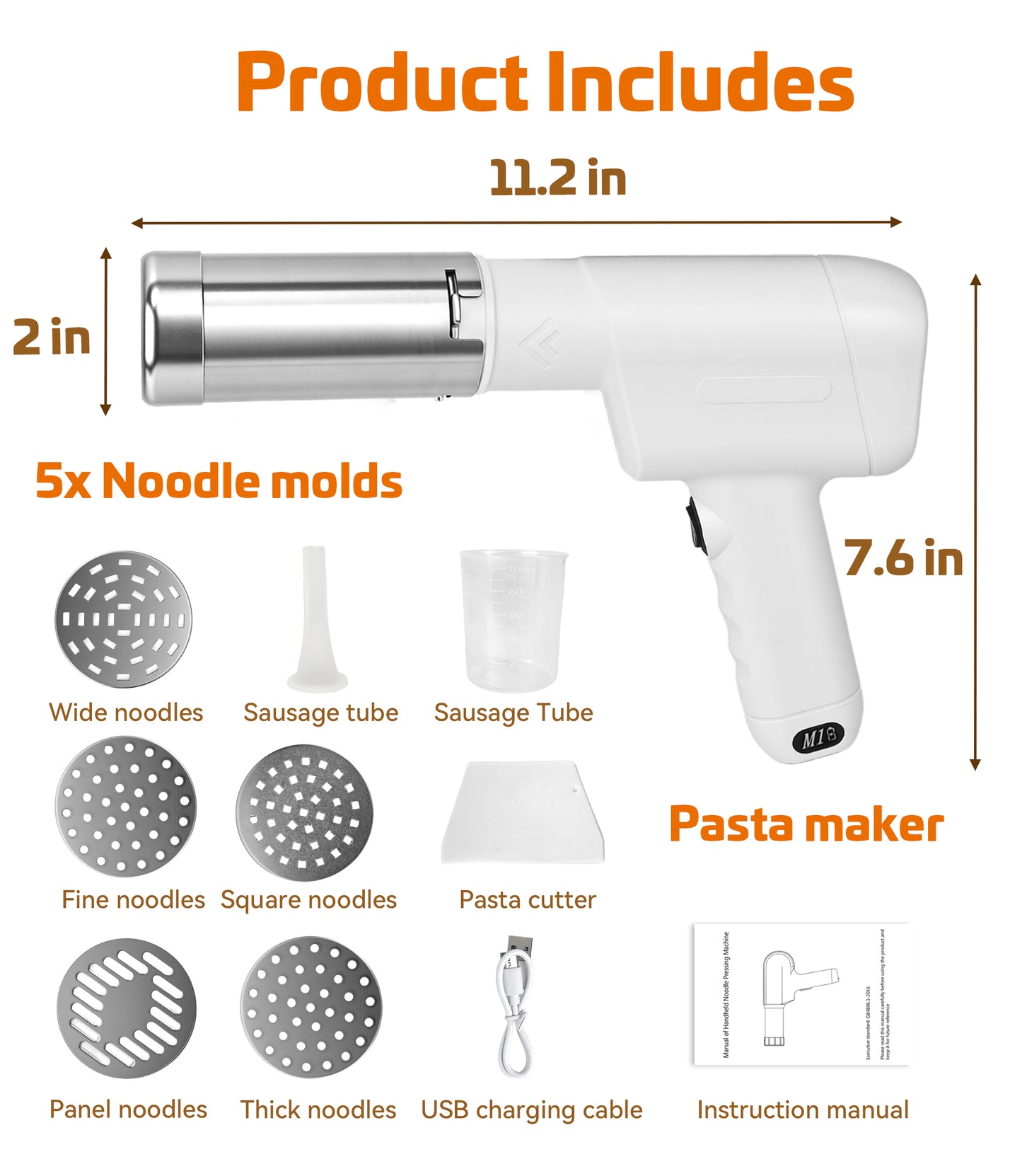 M Buder Electric Pasta Maker, Automatic Cordless Pasta Machine, Homemade Noodle Maker for Kitchen,5 Replaceable Stainless Trays, Cutting Machine