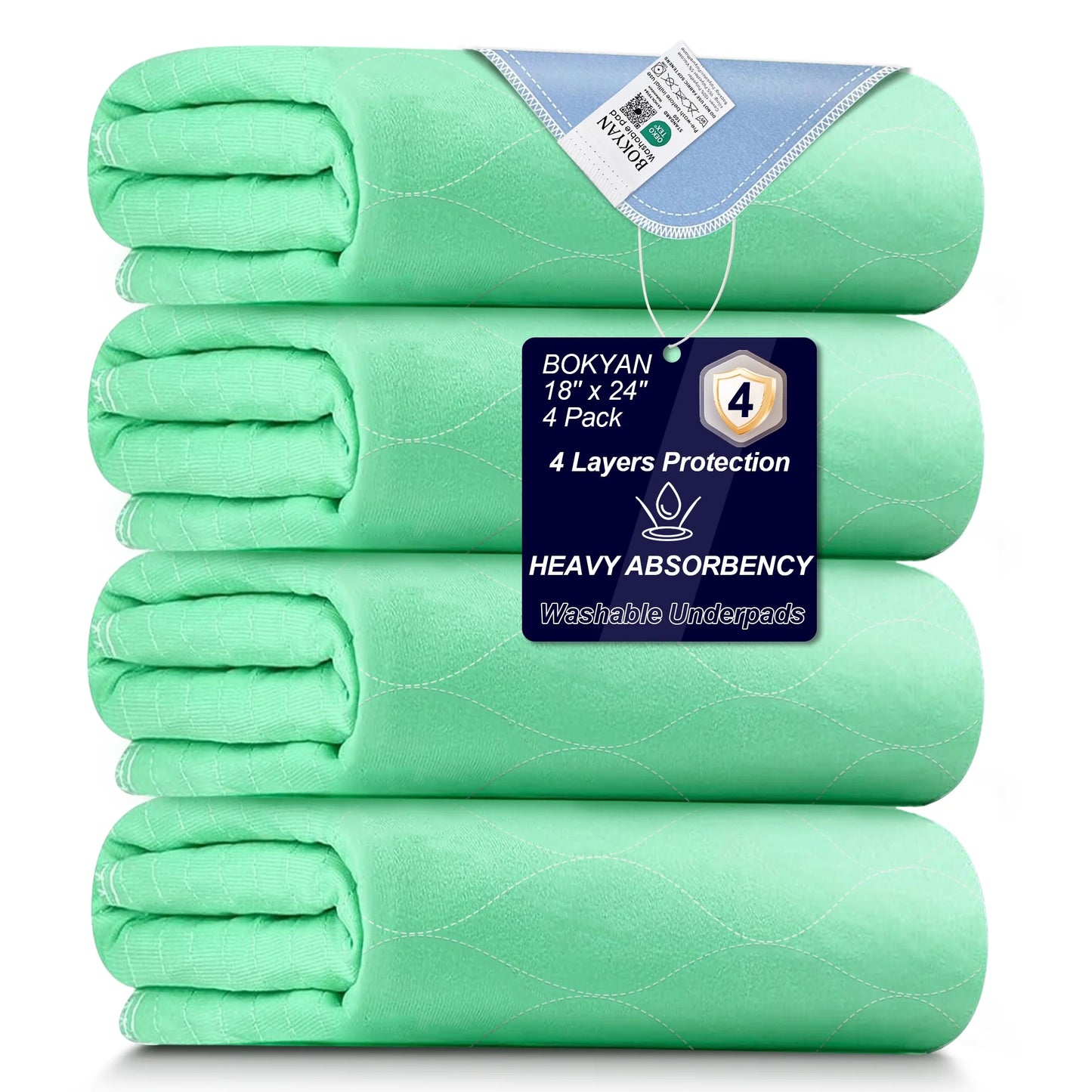BOKYAN Washable Bed Pads 4 Pack 18"x 24", Reusable Incontinence Underpads with Extra Heavy Absorbency for Diaper Changing, Pee Pads, Puppy Pads, Waterproof Sofa Protector, Green and Blue