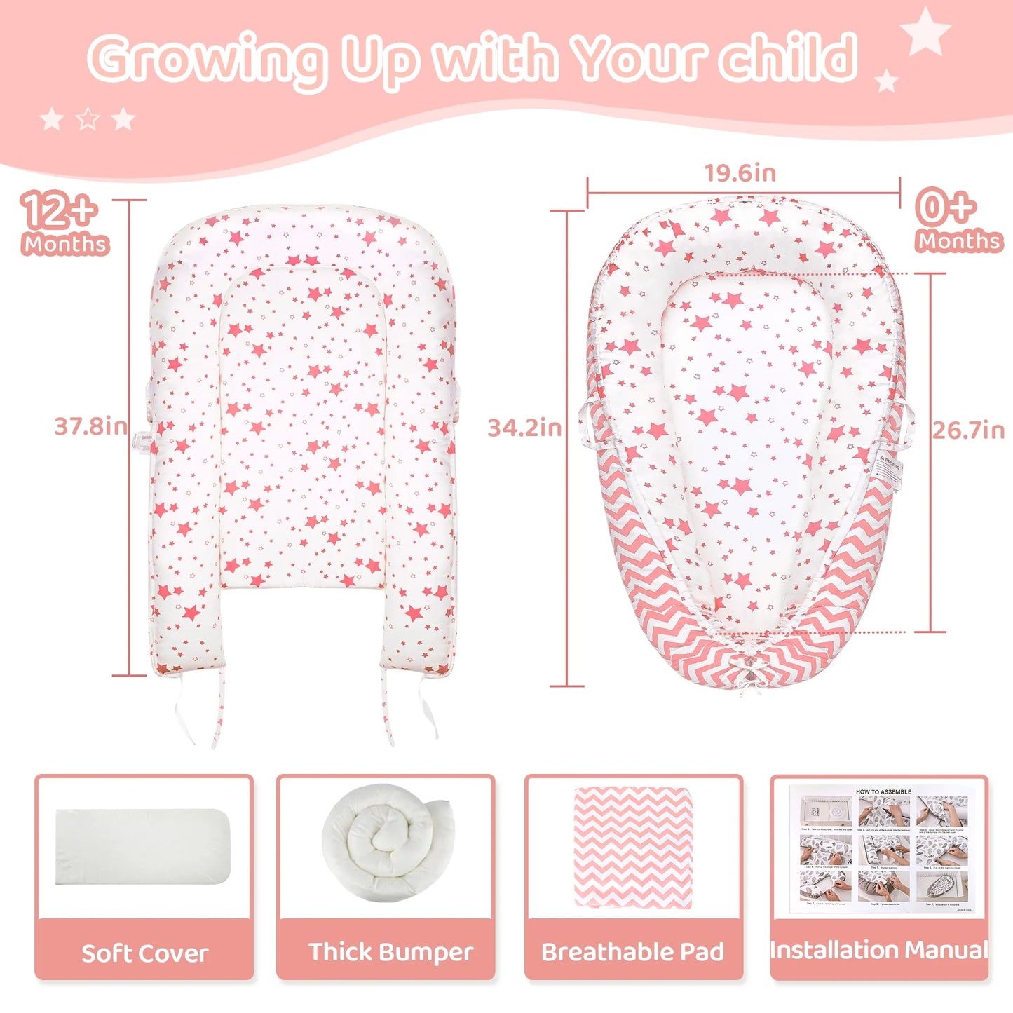 TAYYEE Baby Playmat – Portable Infant Lounger with Soft Pink Mat, for Newborns & Toddlers 0-24 Months