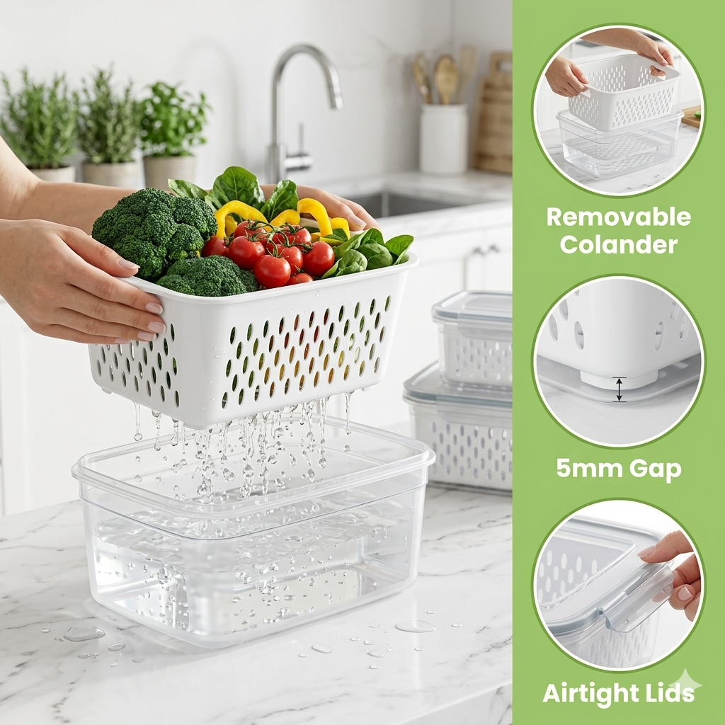 M Buder Fruit Storage Containers for Fridge, 3 PCS Leakproof Food Storage Containers with Removable Colander, Produce Containers keep Fruits, Vegetables, Snacks and Food Fresh Longer