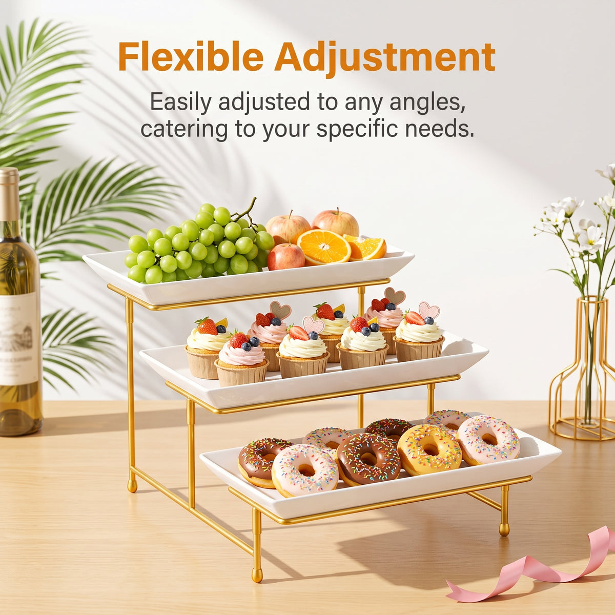 M Buder 3 Tier Serving Tray Set, 12"Reusable Serving Tray for Party, Tiered Serving Trays Platters with Collapsible Sturdier Stand for Veggie, Fruit, Dessert