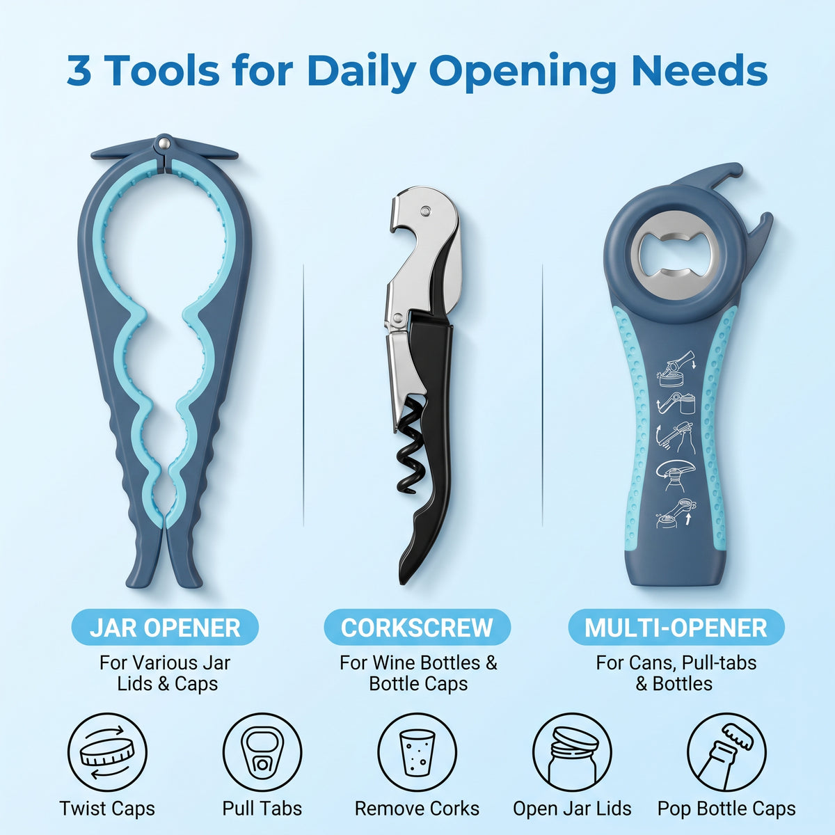 M Buder Jar Opener Set for Weak Hands, 5-in-1 Multi-Function Bottle Opener and Lid Opener for Seniors with Arthritis, Non-Slip Silicone Gripper Pad, Blue