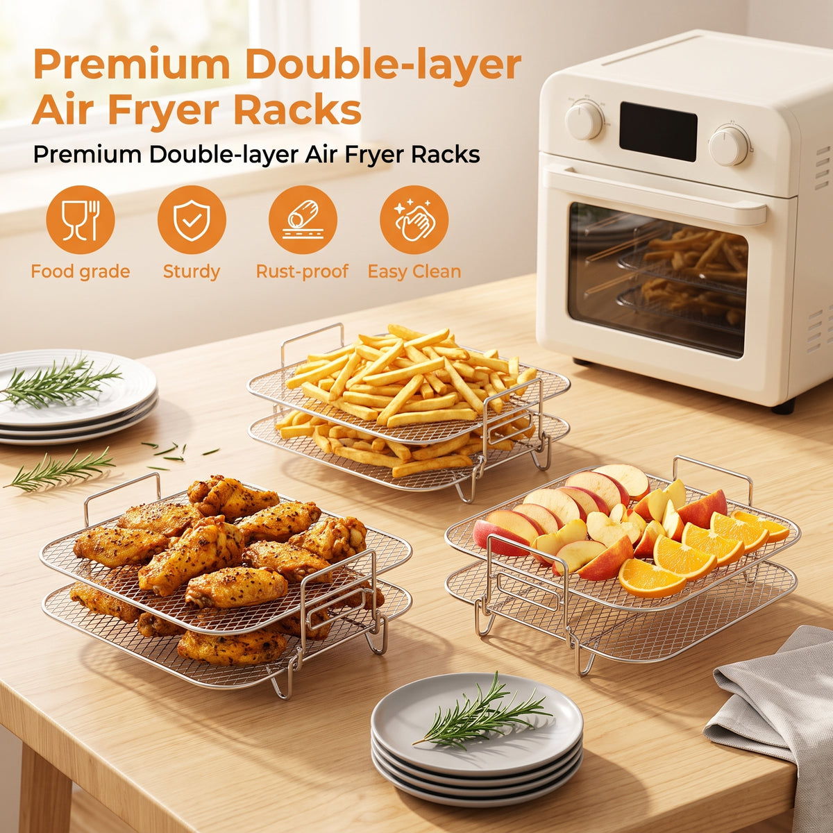 M Buder Dual-Layer Air Fryer Rack, Stackable Dehydrator Air Fryer Basket with Support Legs, Stainless Steel Air Fryer Accessories for Baking Roasting, Oven & Dishwasher Safe