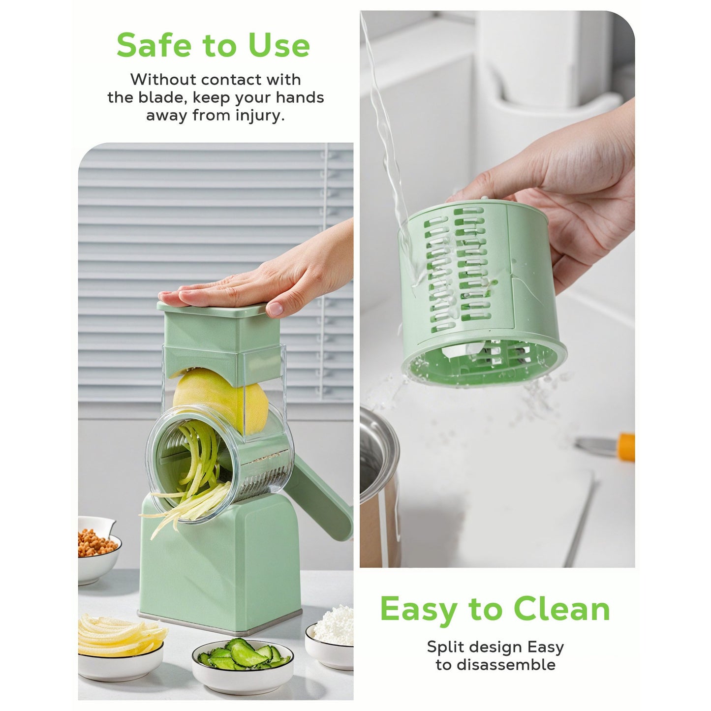 M Buder Rotary Cheese Grater with 5 Interchangeable Blades, Hand Crank Cheese Shredder, Mandoline Slicer, Suction Base, Green