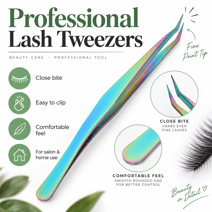 GONCON 2PCS Professional Eyelashes Tweezers Stainless Steel Lashes Extensions Grafting Makeup Tools, Curved Tip Precision Tweezer, Multicolor (12.5cm / 4.9in) for False Lash Application and Nail Art