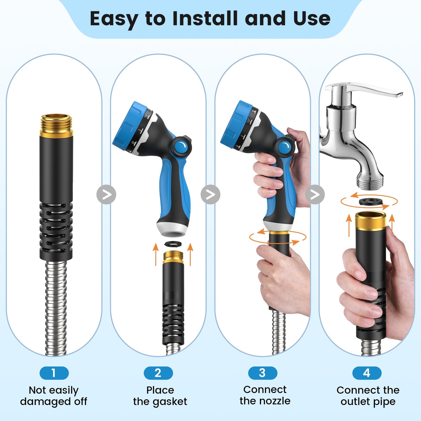 OHHANI Hose, 100 ft x 5/8", Stainless Steel Garden Hose with 10-Function Sprayer, No Kink