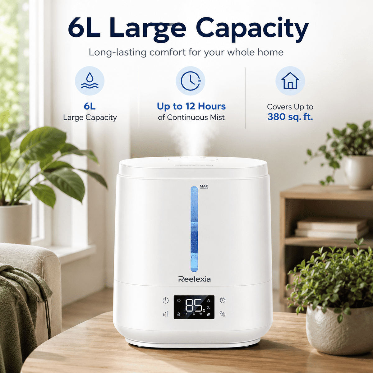 Reelexia 6L Top Fill Humidifiers for Bedroom, Desk Quiet Supersized Cool Mist Humidifiers for Large Room, Air Humidifier for Home, Night Light, Ultrasonic