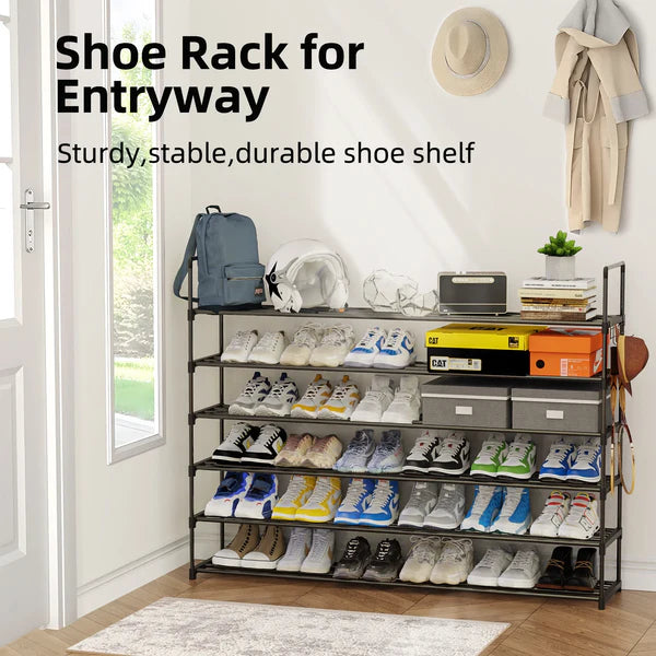 Riousery 6-Tier Extra Length 56.7 Inch Shoe Rack for Entryway, Shoe Storage Organizer Hold Up 50 Pairs Shoe, Long Shoe Shelf, Black