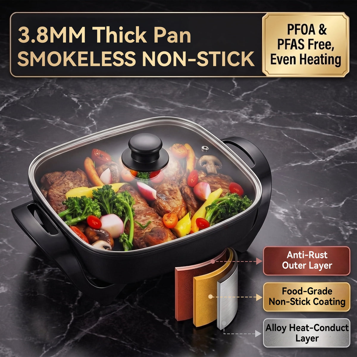 Casualife 5L Electric Hot Pot, Multi-Functional Non-Stick Electric Skillet with Vented Glass Lid, 5.3 Qt Family Size Cooker for Frying, Simmering & Boiling, Black