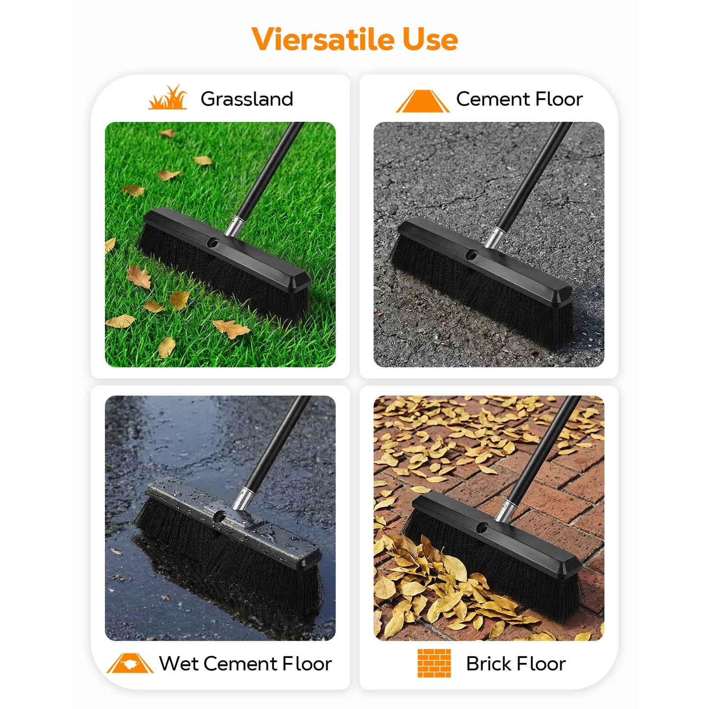 FVSA Push Broom 18" Heavy Duty with 60" Long Handle for Garage, Driveway, Deck, Concrete, Patio, Shop, Black