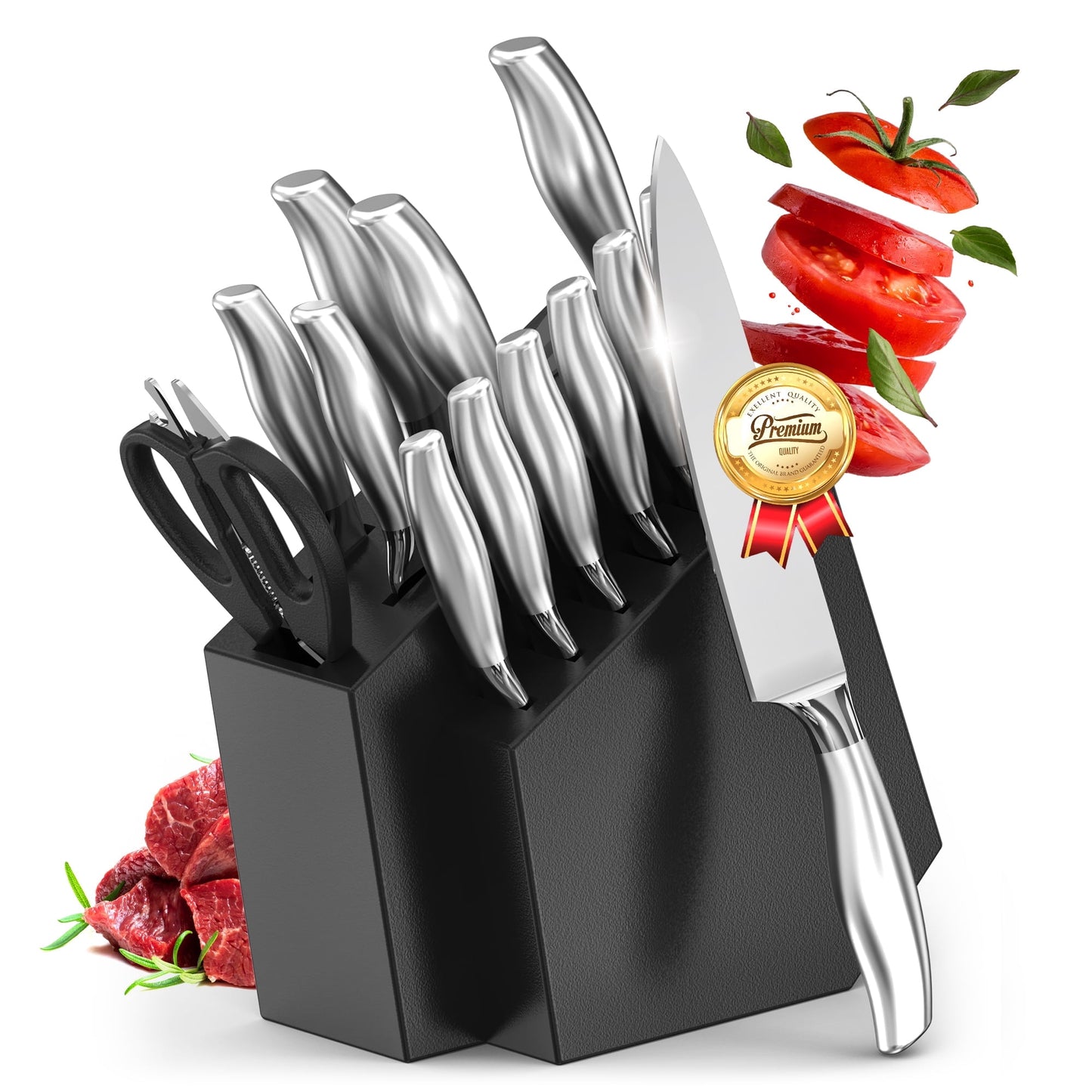 Younghome 14 Pcs Sharp Knife Set with Block Built-in Sharpener,Ergonomic Handle,Kitchen Chef Knives