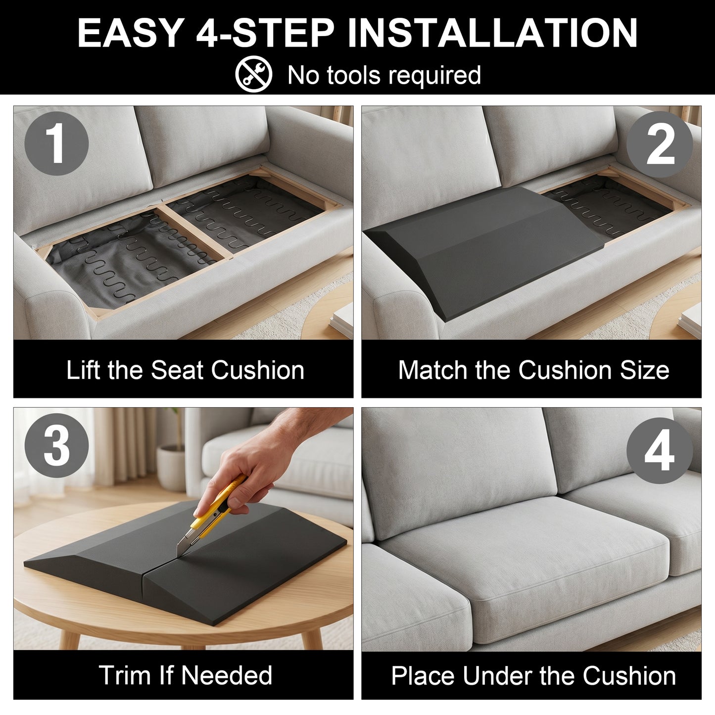 Riousery Sofa Cushion Support, 20" x 20" Sagging Seat Support Insert, 50D High-Density Foam, Black Curved Cushion Saver, 3 Pack