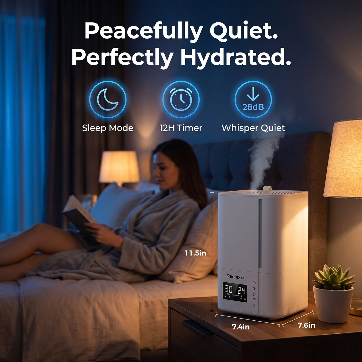 Reelexia 6L Cool Mist Humidifiers for Large Room, Home Ultrasonic Humidifier with Humidistat, Sleep Mode, Night Light, Aroma Tray,White
