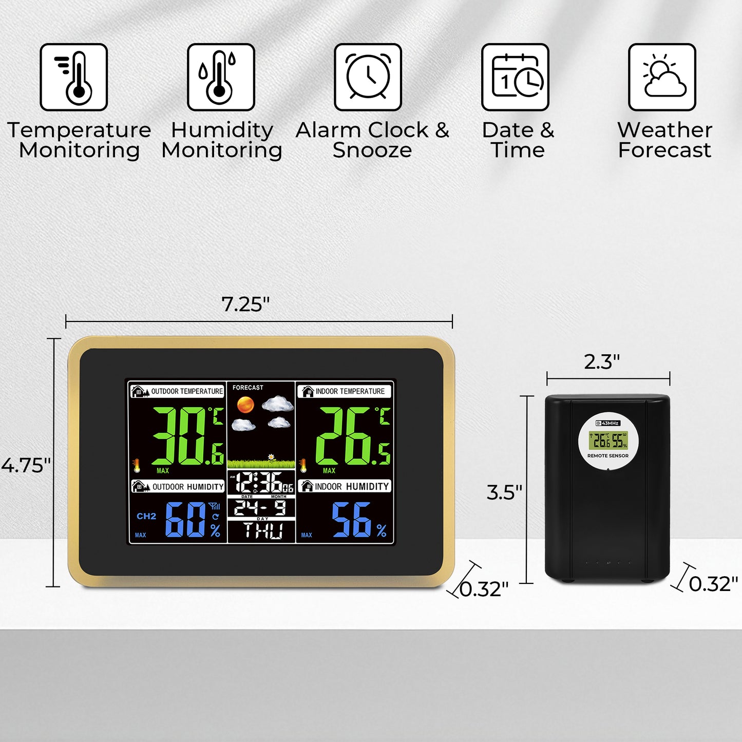 AOLIGO Wireless Weather Station, Color Display with Indoor Outdoor Thermometer, Forecast, Alarm and Calendar, Black