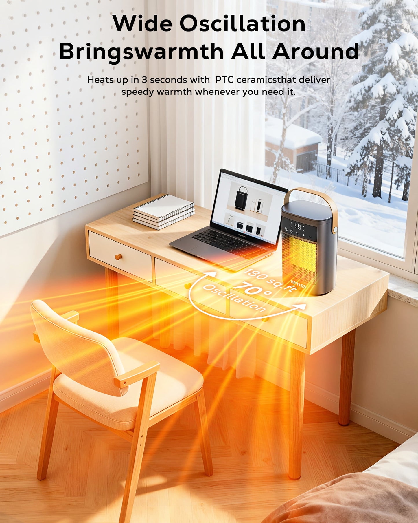 NFTIGB Small Portable Space Heater for Indoor with Remote, 1500W PTC Electric Heaters 70°Rotating, 12 H Timer,3 Modes, New