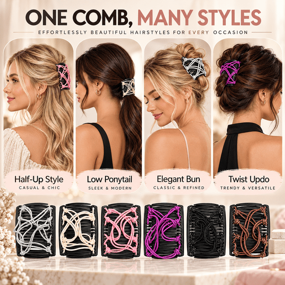 GigBu 6-Pack Magic Hair Combs for Women, Stretchy Double Comb Adjustable Clips, Multicolor, 2.9"