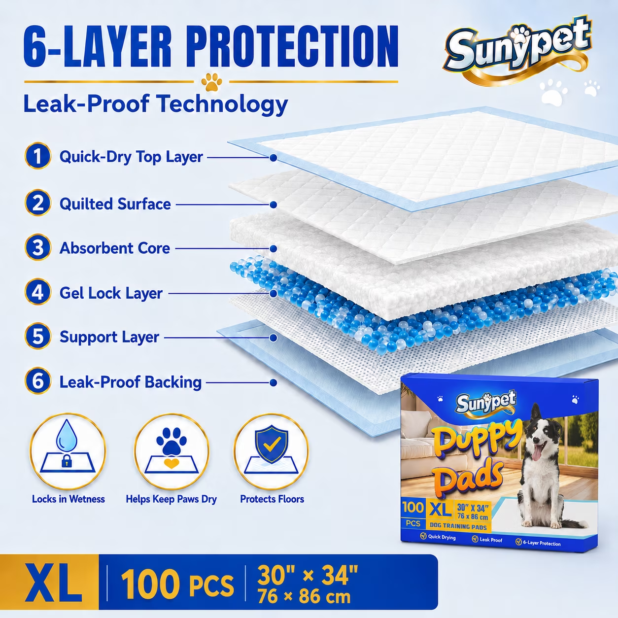 Sunypet Puppy Pads Disposable Dog Potty Training Pads, Quick Dry, Ultra Absorbent, XL 30"x34", 100ct