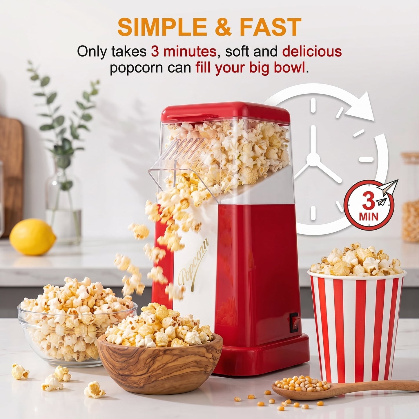 Casualife 1200W Electric Hot Air Popcorn Maker, 8-Cup Capacity Oil-Free Popcorn Popper with One-Key Operation