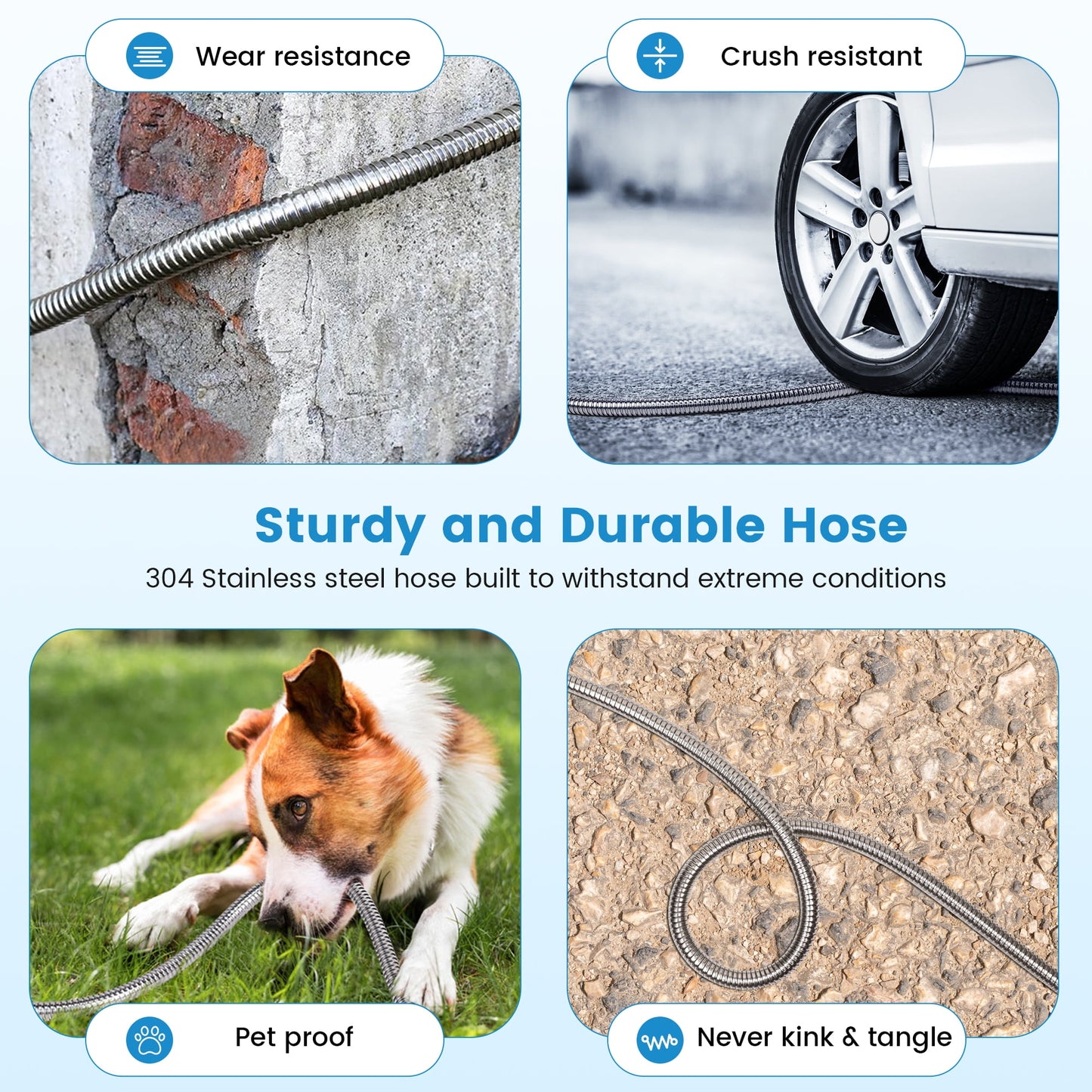 OHHANI Hose, 100 ft x 5/8", Stainless Steel Garden Hose with 10-Function Sprayer, No Kink