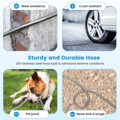 OHHANI Stainless Steel Hose, 50 ft x 5/8", Garden Hose with 10-Function Sprayer, No Kink