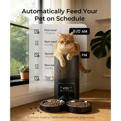Tolobeve Automatic Cat Feeder for 2 Cats, 2-Way Splitter Timed Cat Dry Food Dispenser with 2 Bowls
