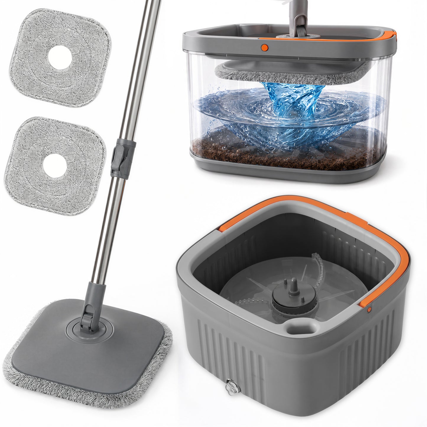 FVSA Clean Water Separation Square Spin Mop and Bucket Set with 2 Washable Pads, Gray and Orange, 1-Pack