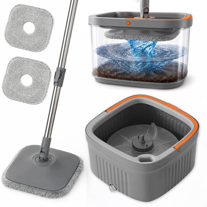 FVSA Clean Water Separation Square Spin Mop and Bucket Set with 2 Washable Pads, Gray and Orange, 1-Pack