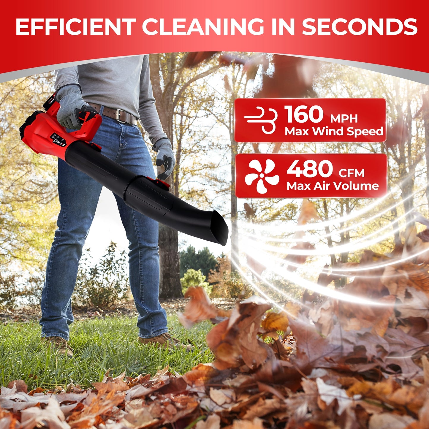 HOTREE Cordless Electric Leaf Blower, 480CFM/160MPH, 6 Speed Mode with 2 Batteries for Lawn, Patio & Dust Cleaning