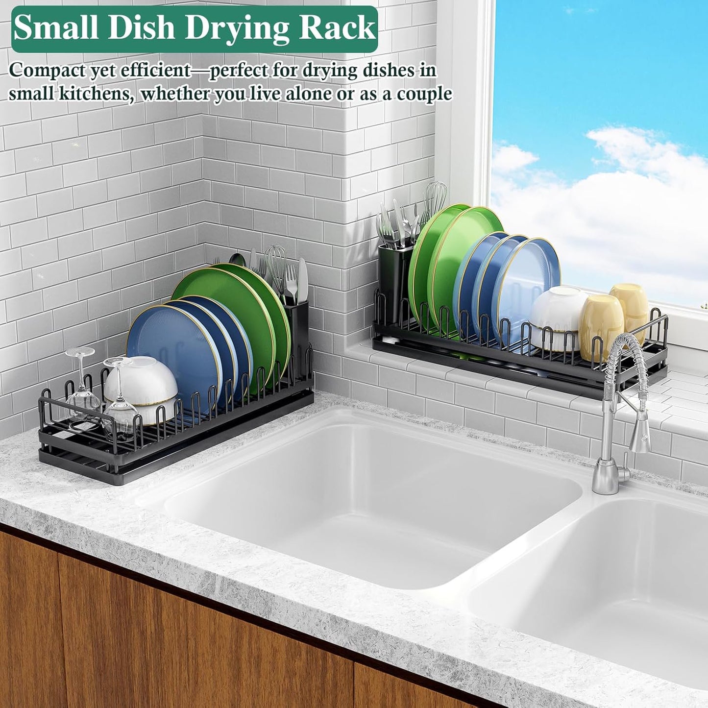 WEENEED 2-Tier Dish Drying Rack for Kitchen Counter, Large Capacity Stainless Steel Sink Drainer with Detachable Cutlery Basket, Removable Drain Tray, Silver