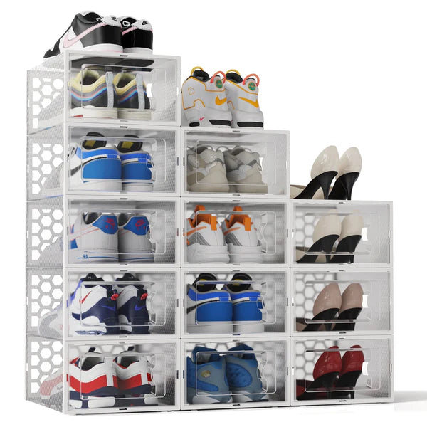 Riousery Shoe Boxes Set of 12, Clear Plastic Stackable Shoe Storage Organizer for Home Closet Entryway, Shoe Containers with Lids