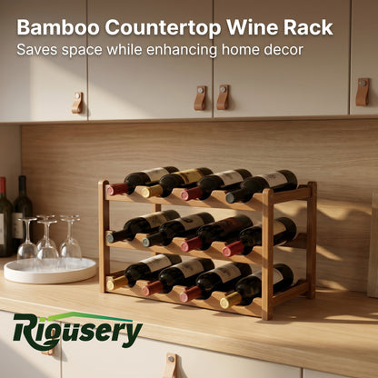Riousery Bamboo Wine Rack, 3-Tier Freestanding Countertop Wine Bottle Holder, 12 Bottle Storage Rack, Sturdy & Easy Assembly, Brown