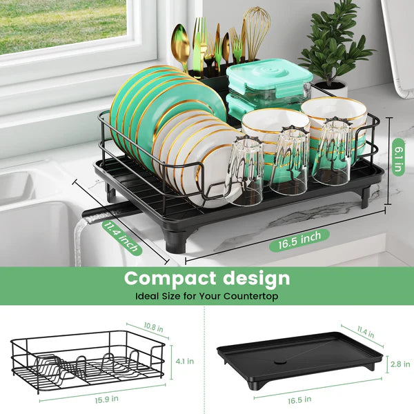 Riousery Dish Drying Rack for Kitchen Counter, Compact Dish Rack Drain Set with Utensil Holder,Cup Holder,Black