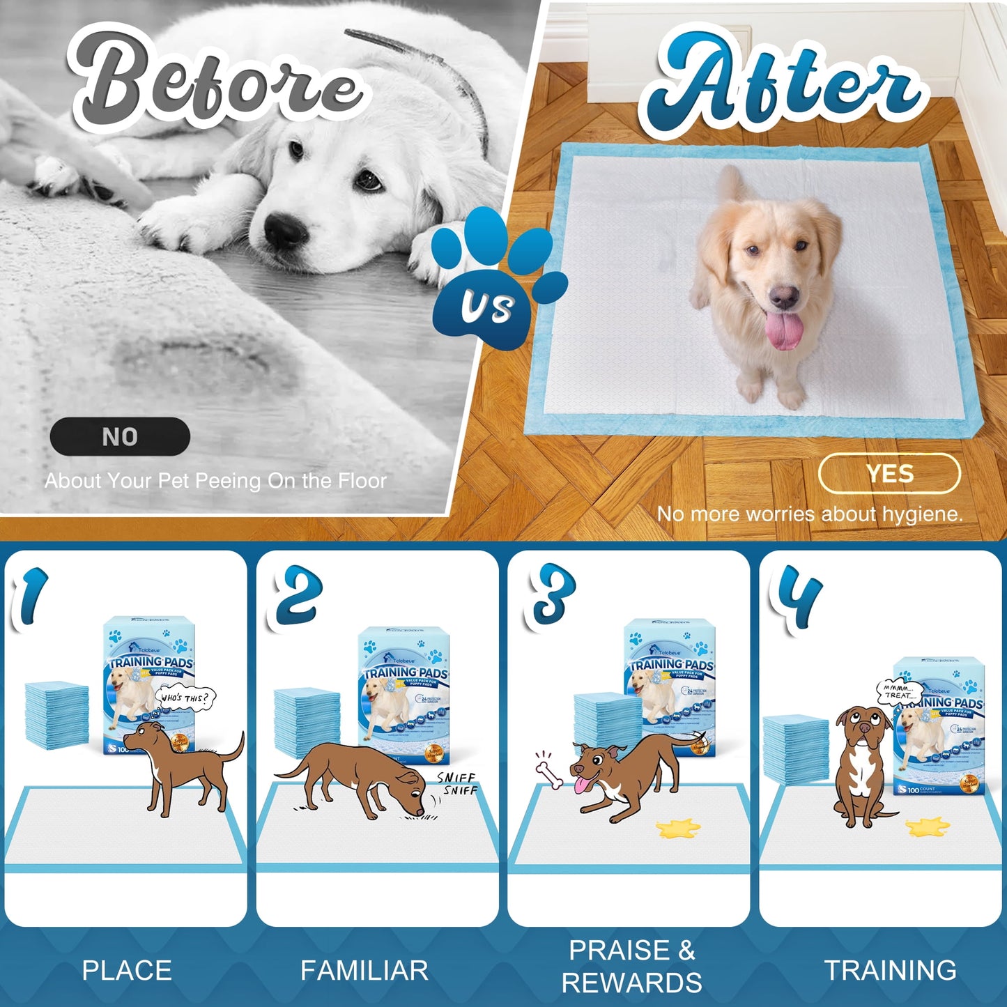 Tolobeve Training Pads, Dog & Puppy Pads,S, 13x18 in,100 Count,Disposable Dog Pee Pads