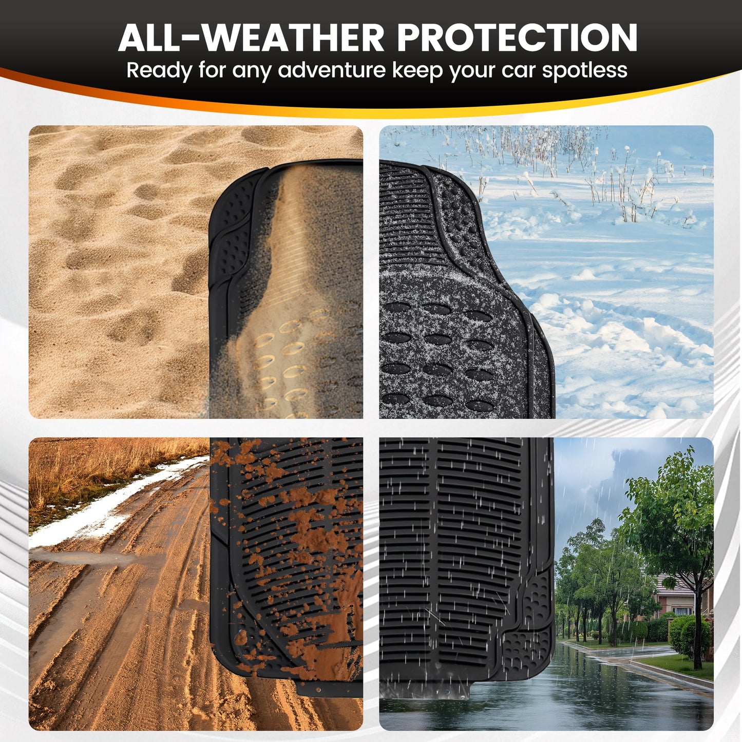 Floray 3-Piece All Weather Solid Rubber Trimmable Front and Rear Universal Car Van Truck Floor Mats Set