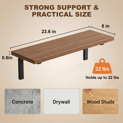 Riousery Wood Floating Shelves Set of 2, 23.6" Wall Mounted Shelves with Metal Brackets, Walnut Wall Shelves for Bathroom, Bedroom, Living Room, Kitchen
