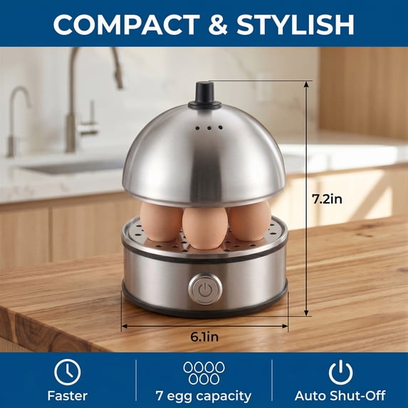 CASUALIFE Electric Egg Cooker, 7-Egg Capacity Rapid Maker, Stainless Steel Boiler with Lid and Measuring Cup