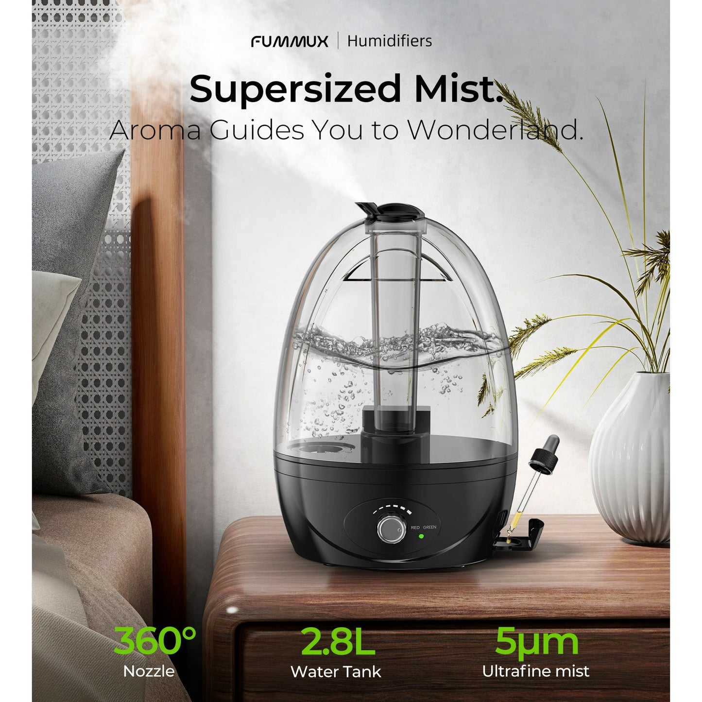 FUMMUX Cool Mist Humidifiers for Bedroom 3 L Water Tank Quiet Ultrasonic Air Vaporizer,Adjustable Mist Level,Easy to Clean, Black