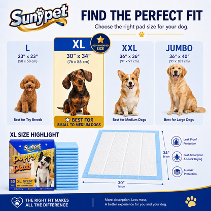 Sunypet Puppy Pads Disposable Dog Potty Training Pads, Quick Dry, Ultra Absorbent, XL 30"x34", 50ct