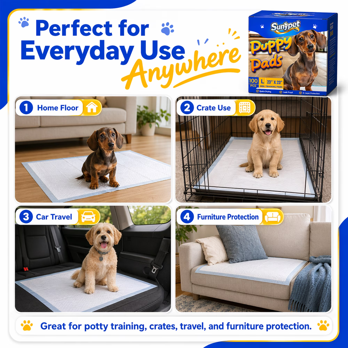 Sunypet Puppy Pads Disposable Dog Potty Training Pads, Quick Dry, Ultra Absorbent, L 23"x23", 200ct